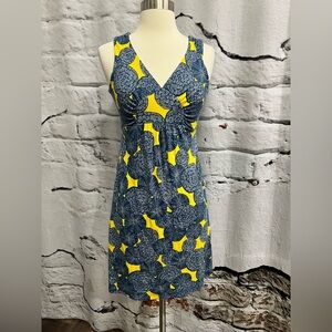 Boden Floral Casual Knit Midi Aline‎ Dress V-Neck Blue Yellow Gold Casual Comfy